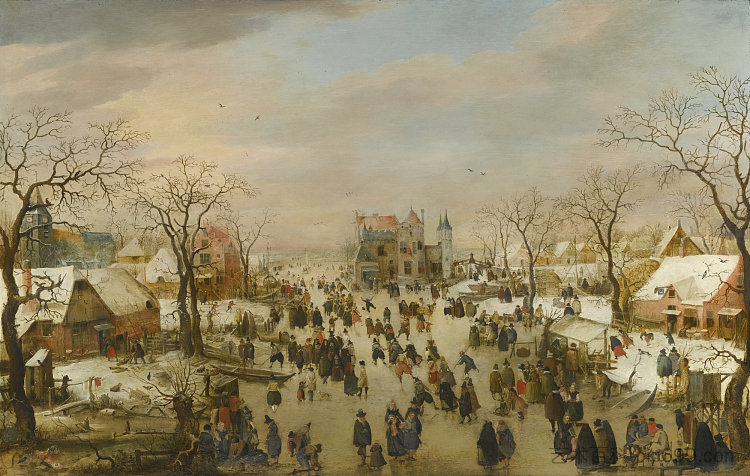 在冰冻的河流上拥有众多人物的全景冬季景观 A Panoramic Winter Landscape with a Multitude of Figures on a Frozen River (1610)，亨德里克·艾弗坎普