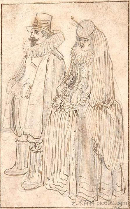 穿着冬装的淑女和绅士的研究 Study of a Lady and Gentleman in Winter Clothes (1625)，亨德里克·艾弗坎普