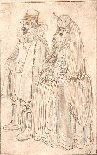 穿着冬装的淑女和绅士的研究 Study of a Lady and Gentleman in Winter Clothes (1625)，亨德里克·艾弗坎普