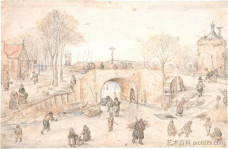 坎彭的冬季风光 a Winter Scene in Kampen (1634)，亨德里克·艾弗坎普