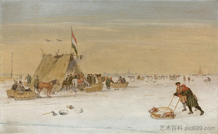 冬季景观与冰上的人物在Koek-en-zopie帐篷旁 A Winter Landscape with Figures on the Ice by a Koek-en-zopie Tent，亨德里克·艾弗坎普