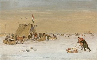 冬季景观与冰上的人物在Koek-en-zopie帐篷旁 A Winter Landscape with Figures on the Ice by a Koek-en-zopie Tent，亨德里克·艾弗坎普