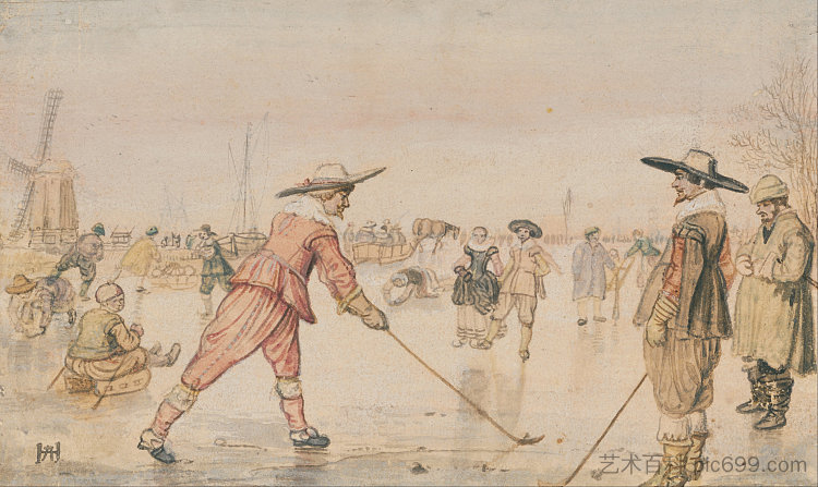 两位绅士扮演科尔夫的冬季场景 A Winter Scene with Two Gentlemen Playing Colf (1620)，亨德里克·艾弗坎普