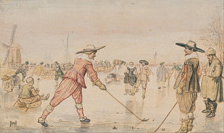 两位绅士扮演科尔夫的冬季场景 A Winter Scene with Two Gentlemen Playing Colf (1620)，亨德里克·艾弗坎普