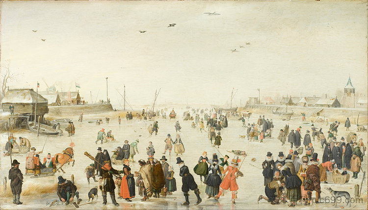 冰冻运河上的冬季场景 Winter Scene on a Frozen Canal (1620)，亨德里克·艾弗坎普