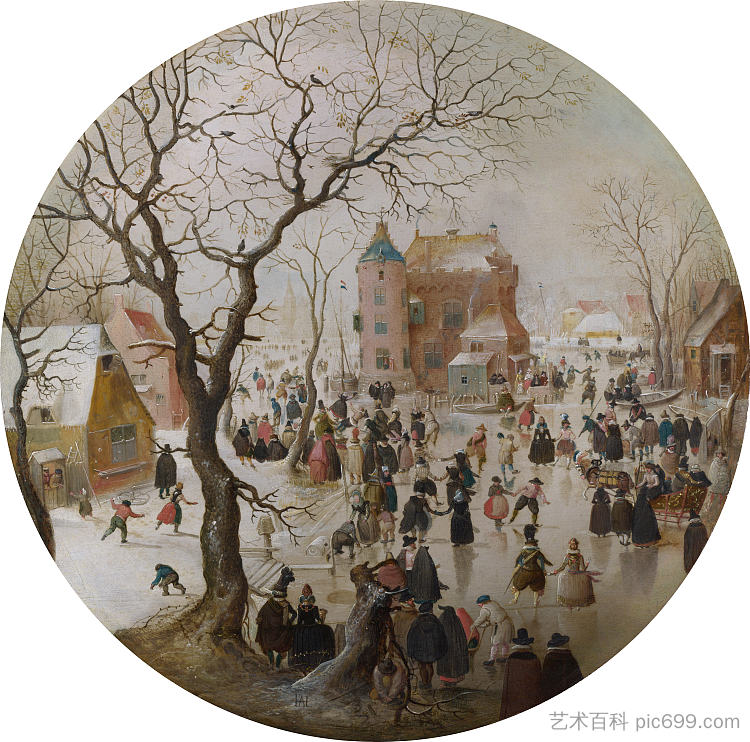 城堡附近的溜冰者冬季场景 A Winter Scene with Skaters near a Castle (c.1608 - c.1609)，亨德里克·艾弗坎普