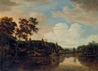 河上的渡船，左边山上的树木 Ferry Boat on a River, Trees on a Hill to the Left，亨德里克·弗鲁姆
