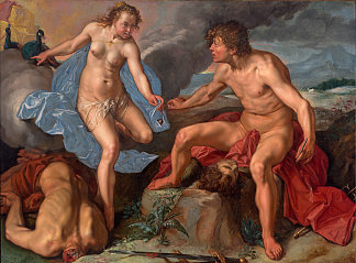 朱诺号从水星接受阿格斯的目光 Juno receiving the eyes of Argus from Mercury (1615; Haarlem,Netherlands                     )，亨德里克·戈尔齐乌斯