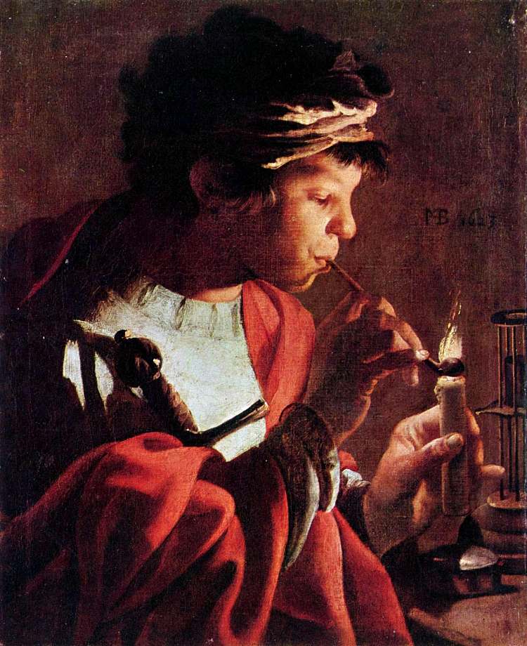点燃烟斗的男孩 Boy Lighting a Pipe (1623)，亨德里克·特布鲁根