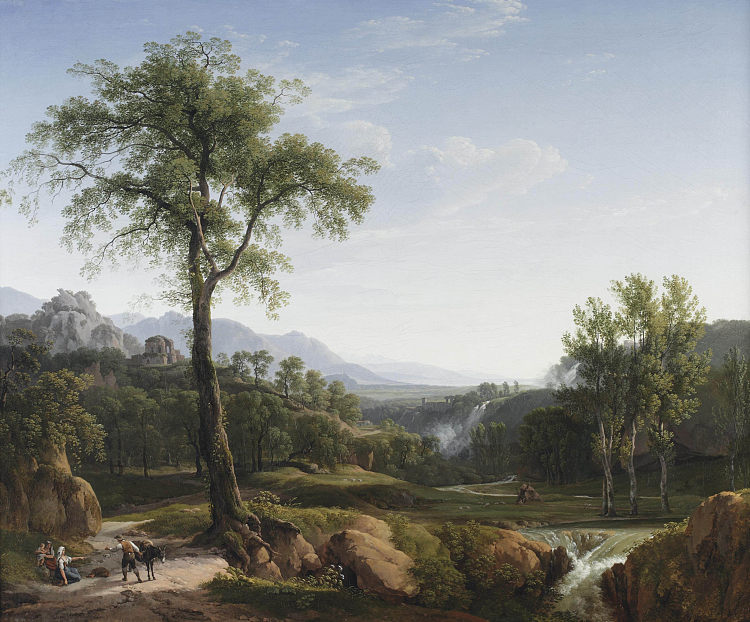 意大利风格的风景，旅行者在树荫下休息，背景是蒂沃利的景色 An Italianate landscape with travellers resting in the shade of a tree, a view of Tivoli in the background (1803; Italy  )，亨利·沃格德