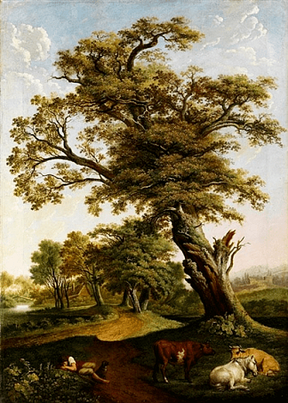 背景中的小橡树林前的大橡树树与熟睡的牧羊人和休息的牛 Large oak tree in front of a small oak grove in the background with sleeping shepherd and resting cattle，亨利·沃格德