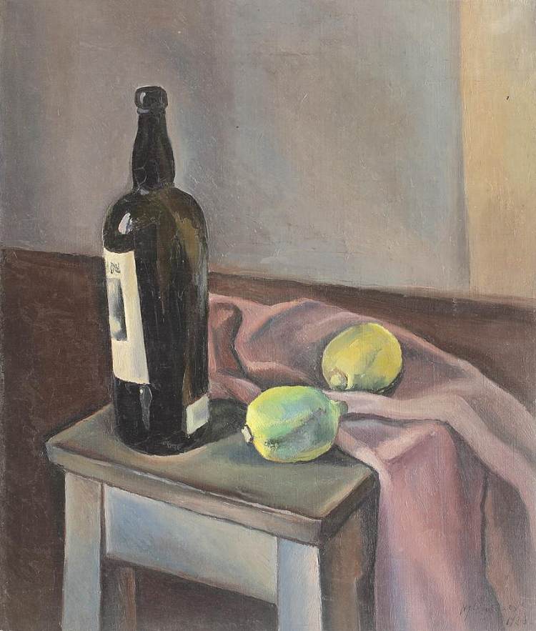 静物与酒瓶和柠檬 Still Life With Wine Bottle and Lemons (1926)，亨利卡塔尔吉