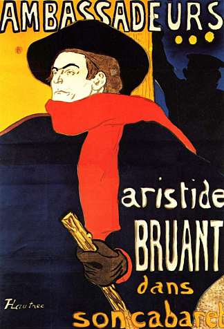 阿里斯蒂德·布鲁昂大使在他的歌舞表演中 Ambassadeurs Aristide Bruant in his cabaret (1892)，亨利·玛丽·雷蒙·德·图卢兹·劳特累克