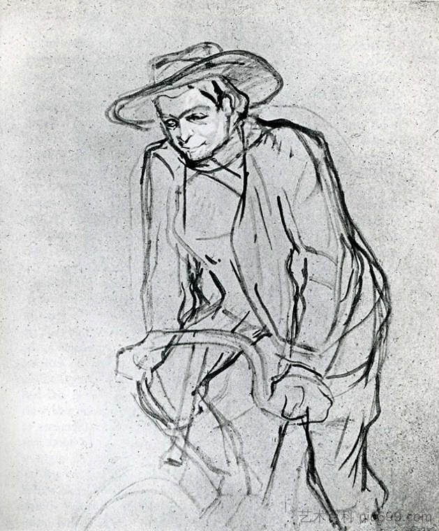 阿里斯蒂德·布鲁安特骑着自行车 Aristide Bruant on His Bicycle (1892)，亨利·玛丽·雷蒙·德·图卢兹·劳特累克