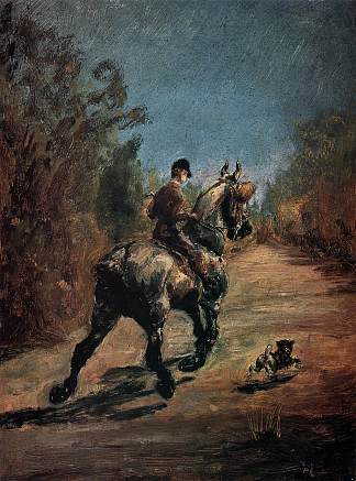 马和骑手与一只小狗 Horse and Rider with a Little Dog (1879)，亨利·玛丽·雷蒙·德·图卢兹·劳特累克