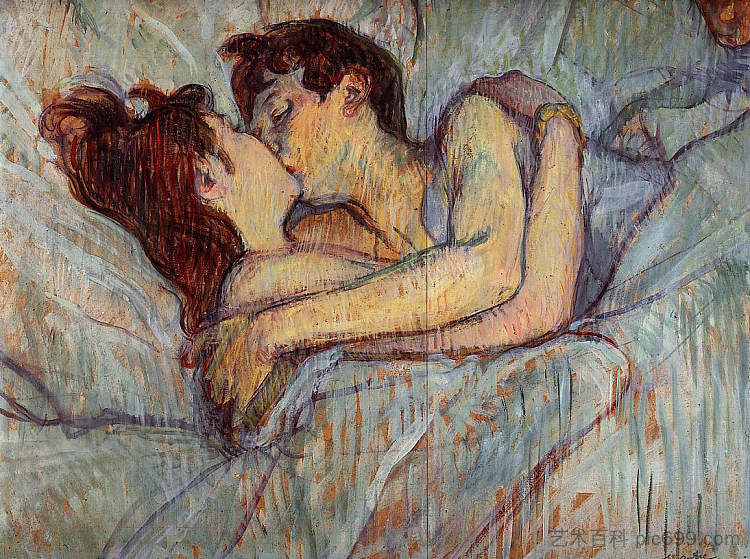 在床上，吻 In Bed, The Kiss (1892)，亨利·玛丽·雷蒙·德·图卢兹·劳特累克