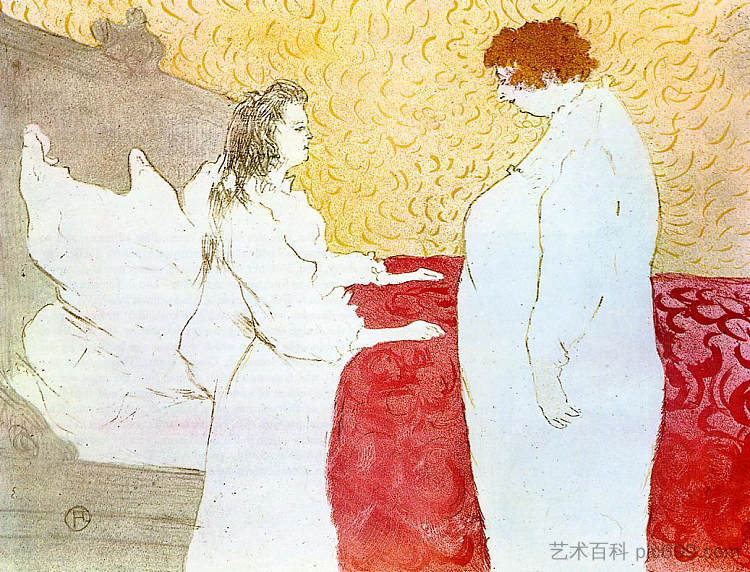 他们女人在床上，轮廓，起床 They Woman in Bed, Profile, Getting Up (1896)，亨利·玛丽·雷蒙·德·图卢兹·劳特累克