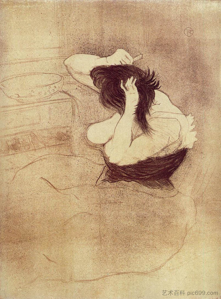 梳头的女人 Woman Combing Her Hair (1896)，亨利·玛丽·雷蒙·德·图卢兹·劳特累克