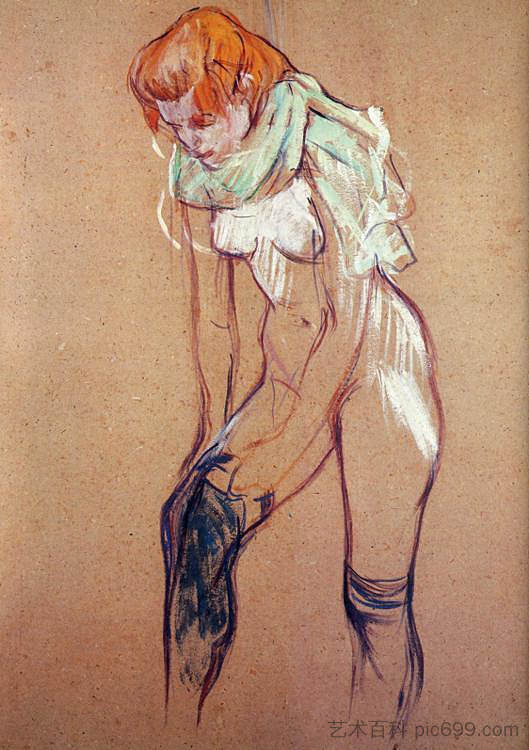 女人穿上丝袜 Woman Putting on Her Stocking (1894; France  )，亨利·玛丽·雷蒙·德·图卢兹·劳特累克