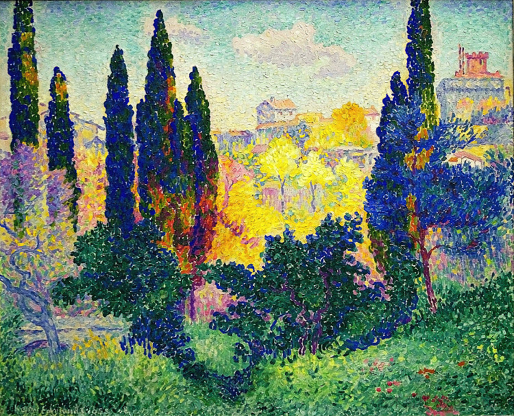 卡涅斯的柏树 The Cypresses at Cagnes (1908)，亨利·埃德蒙·克罗斯