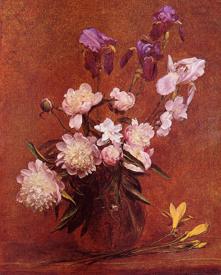 牡丹和鸢尾花束 Bouquet of Peonies and Iris (1884)，亨利·方丹·拉图尔