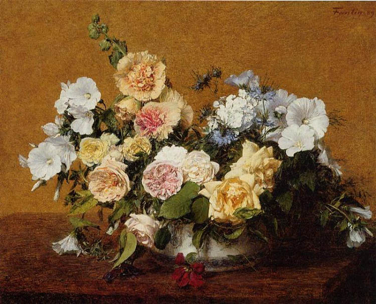 玫瑰和其他花束 Bouquet of Roses and Other Flowers (1889)，亨利·方丹·拉图尔