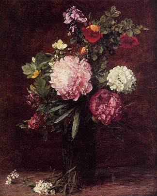 鲜花大花束与三朵牡丹 Flowers Large Bouquet with Three Peonies (1879)，亨利·方丹·拉图尔