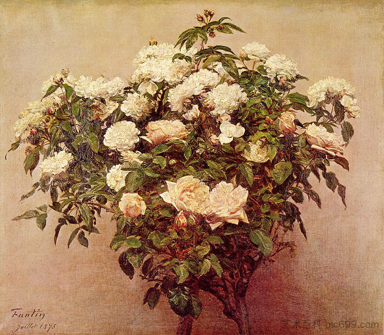 玫瑰树 白玫瑰 Rose Trees White Roses (1875)，亨利·方丹·拉图尔