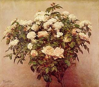 玫瑰树 白玫瑰 Rose Trees White Roses (1875)，亨利·方丹·拉图尔