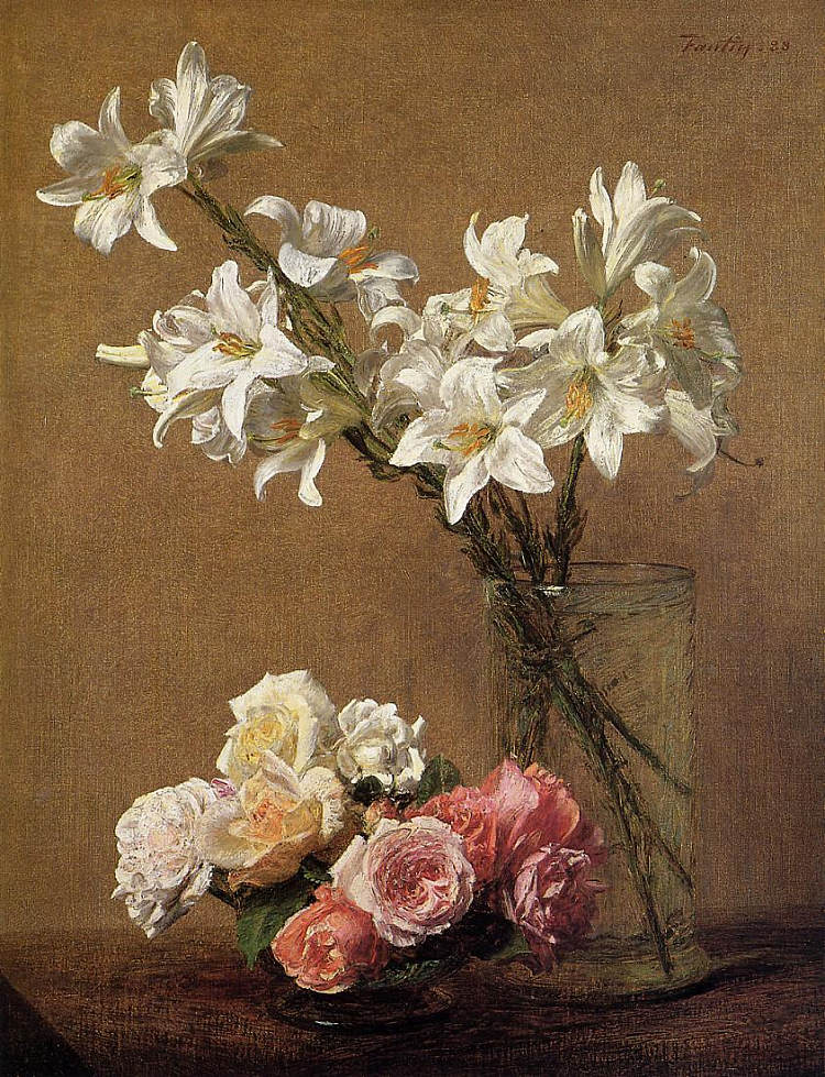 玫瑰和百合 Roses and Lilies (1888)，亨利·方丹·拉图尔