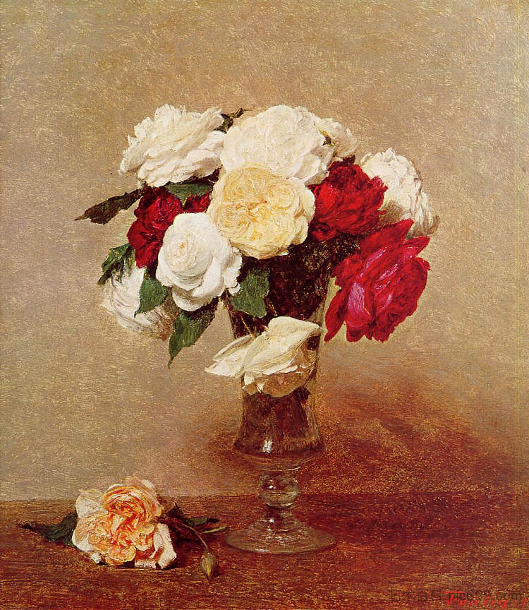 有茎玻璃杯中的玫瑰 Roses in a Stemmed Glass (1890)，亨利·方丹·拉图尔