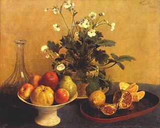 静物画。鲜花、水果碗和水罐 Still life. Flowers, Bowl of Fruit and Pitcher (1865)，亨利·方丹·拉图尔