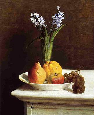 静物风信子和水果 Still Life Hyacinths and Fruit (1865)，亨利·方丹·拉图尔