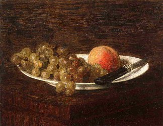 静物桃子和葡萄 Still Life Peach and Grapes (1870)，亨利·方丹·拉图尔