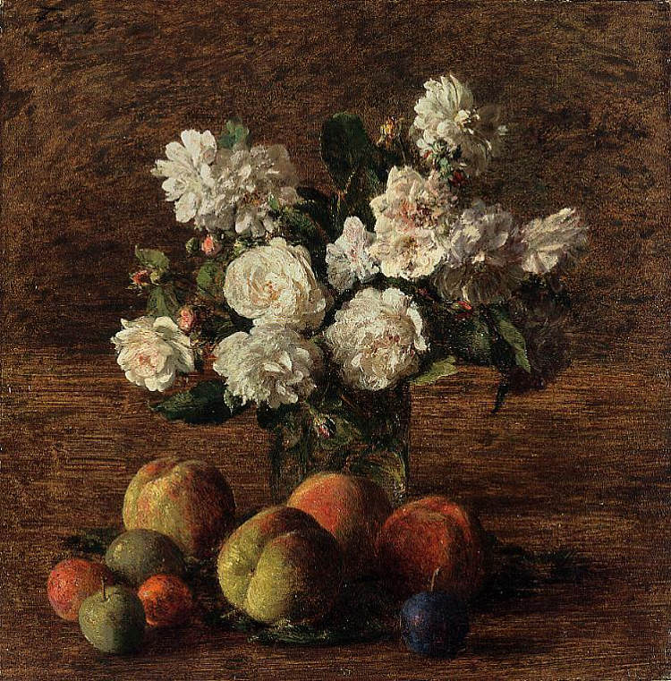 静物玫瑰和水果 Still Life Roses and Fruit (1878)，亨利·方丹·拉图尔