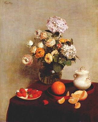 绣球花和毛茛的静物花瓶 Still Life Vase Of Hydrangeas And Ranunculus (1866)，亨利·方丹·拉图尔