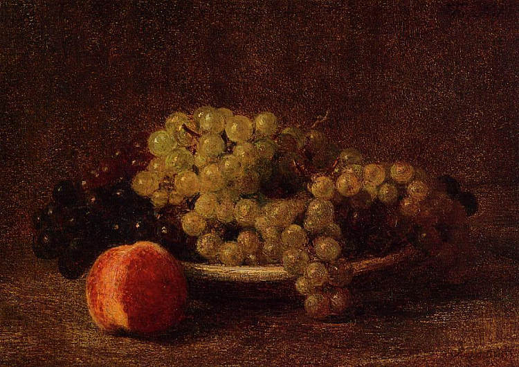 静物与葡萄和桃子 Still Life with Grapes and a Peach (1895)，亨利·方丹·拉图尔