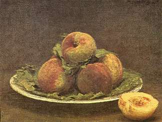 桃子静物 Still life with peaches (1880)，亨利·方丹·拉图尔