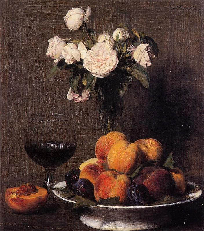 静物与玫瑰,水果和一杯葡萄酒 Still Life with Roses, Fruit and a Glass of Wine (1872),亨利·方丹·拉图尔