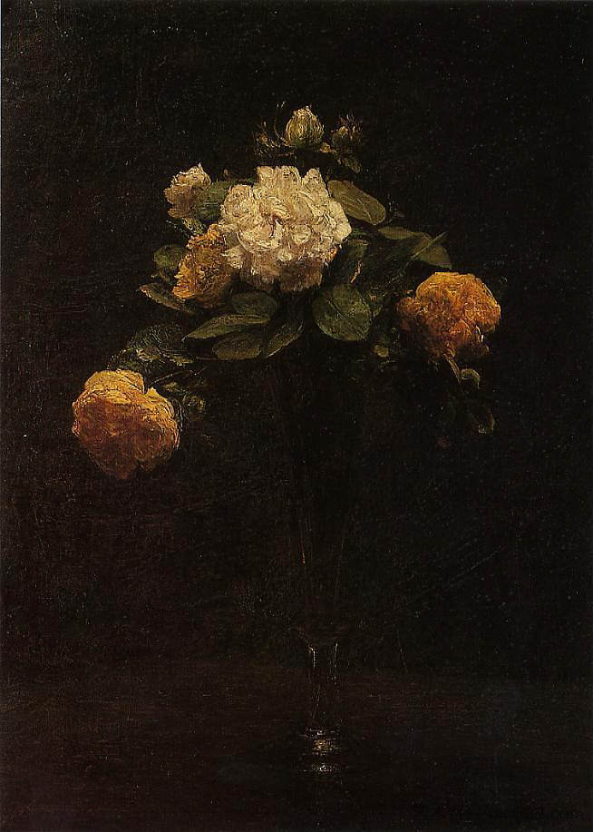 高花瓶中的白玫瑰和黄玫瑰 White and Yellow Roses in a Tall Vase (1876)，亨利·方丹·拉图尔