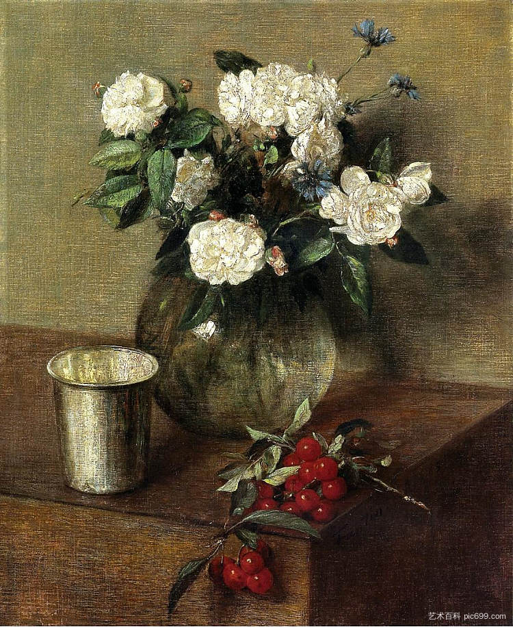 白玫瑰和樱桃 White Roses and Cherries (1865)，亨利·方丹·拉图尔