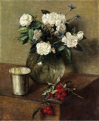 白玫瑰和樱桃 White Roses and Cherries (1865)，亨利·方丹·拉图尔