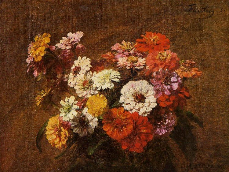 花瓶里的百日菊 Zinnias in a Vase (1880)，亨利·方丹·拉图尔