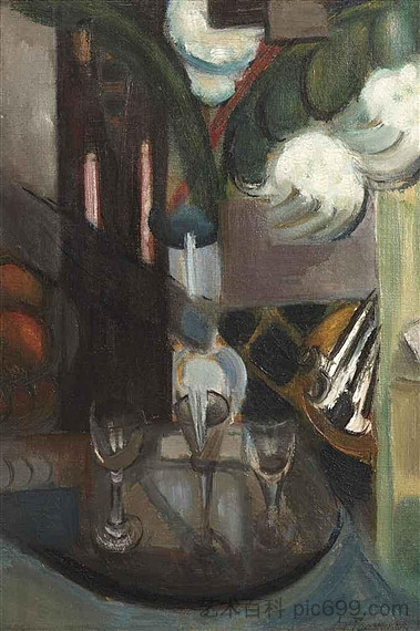 带水壶和眼镜的静物 A still life with a carafe and glasses (1913)，亨利·勒福康尼尔