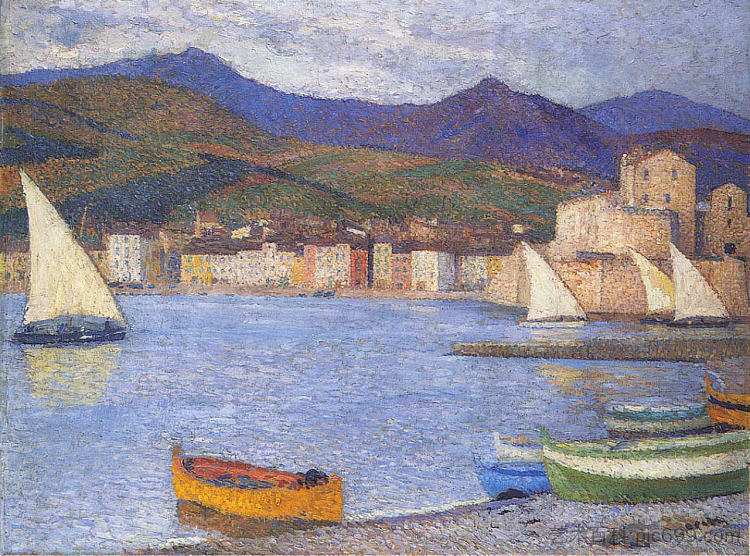 科利尤尔港的帆船 Sailboats in the Port of Collioure (1920)，亨利马丁