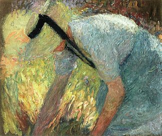 穿着蓝色围裙和草帽的女人，采摘一朵花 Woman in a Blue Apron and Straw Hat, Picking A Spray of Flowers (1919)，亨利马丁