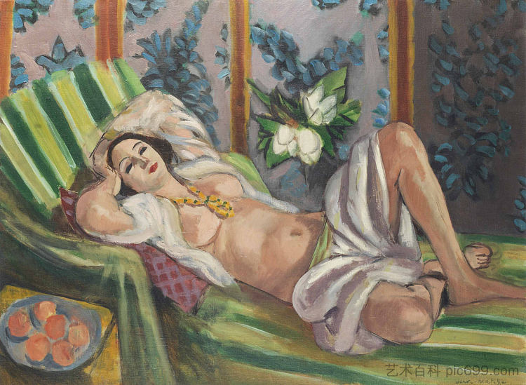 奥达利斯克斜倚与木兰花 Odalisque Couchée aux Magnolias (1923)，亨利·马蒂斯