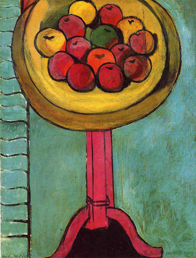 桌子上的苹果，绿色背景 Apples on a Table, Green Background (1916)，亨利·马蒂斯