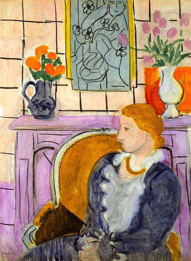 赭色扶手椅上的蓝色连衣裙 Blue Dress in Ocher Armchair (1937),亨利·马蒂斯