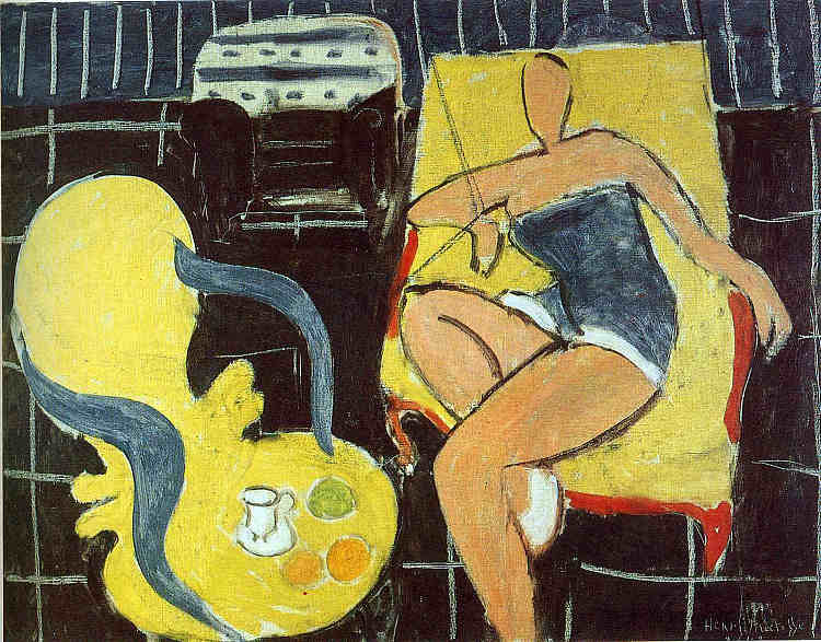 黑色背景上的舞者和罗卡耶扶手椅 Dancer and Rocaille Armchair on a Black Background (1942)，亨利·马蒂斯